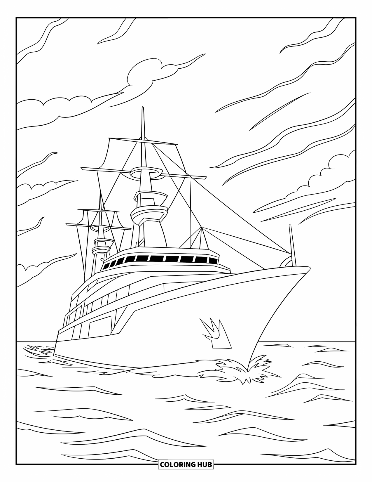 Ship Coloring Page for Kids: A navy ship with tall sails glides under a cloudy horizon