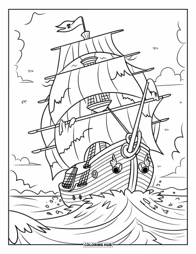 Schiff-Ausmalbild für Kinder: Ein Piratenschiff kämpft gegen die Wellen mit zerrissenen Segeln und schussbereiten Kanonen