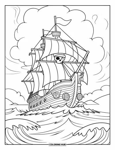 Schiff-Ausmalbild für Kinder: Ein Piratenschiff mitten in einer Seeschlacht mit zerrissenen Segeln und tosenden Wellen