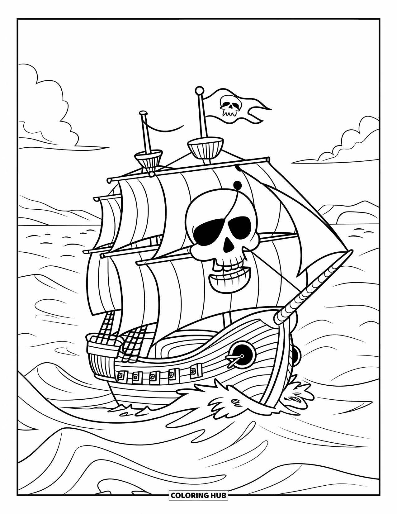 Ship Coloring Page for Kids: A pirate ship with a skull flag sails through waves toward distant mountains