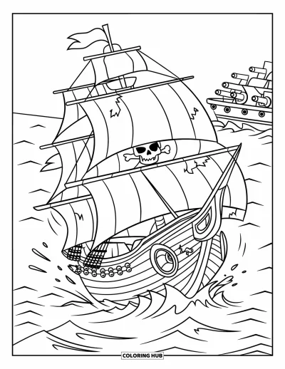 Schiff-Ausmalbild für Kinder: Ein Piratenschiff mit Kanonen liefert sich auf See eine Seeschlacht gegen ein anderes Schiff