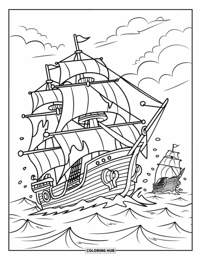 Schiff-Ausmalbild für Kinder: Ein Piratenschiff mit zerrissenen Segeln liefert sich eine Seeschlacht in stürmischem Wetter