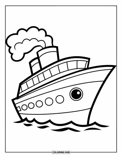 Schiff-Ausmalbild für Kinder: Ein fröhliches Kreuzfahrtschiff mit Schornstein fährt durchs Wasser, während Rauch in die Luft steigt
