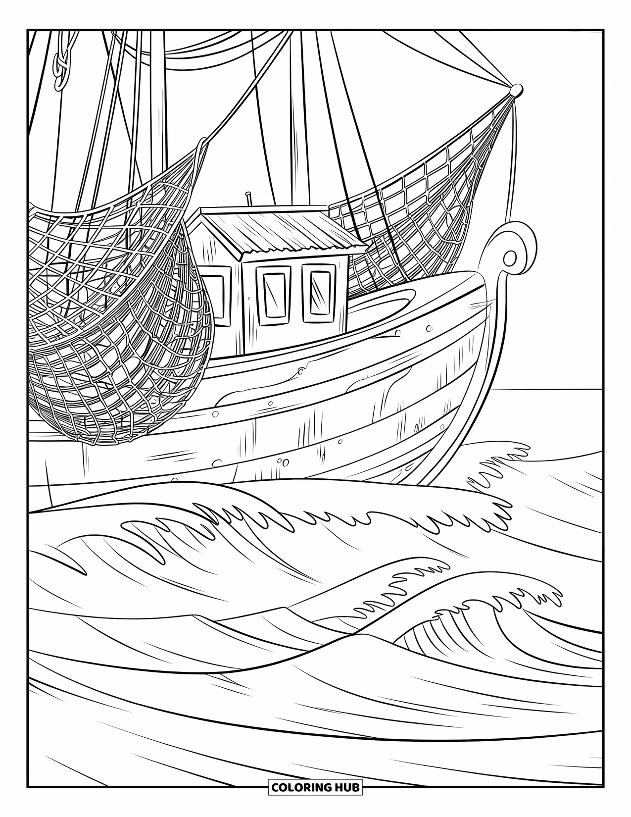 Ship Coloring Page for Kids: A rustic fishing boat with heavy nets floats in open water
