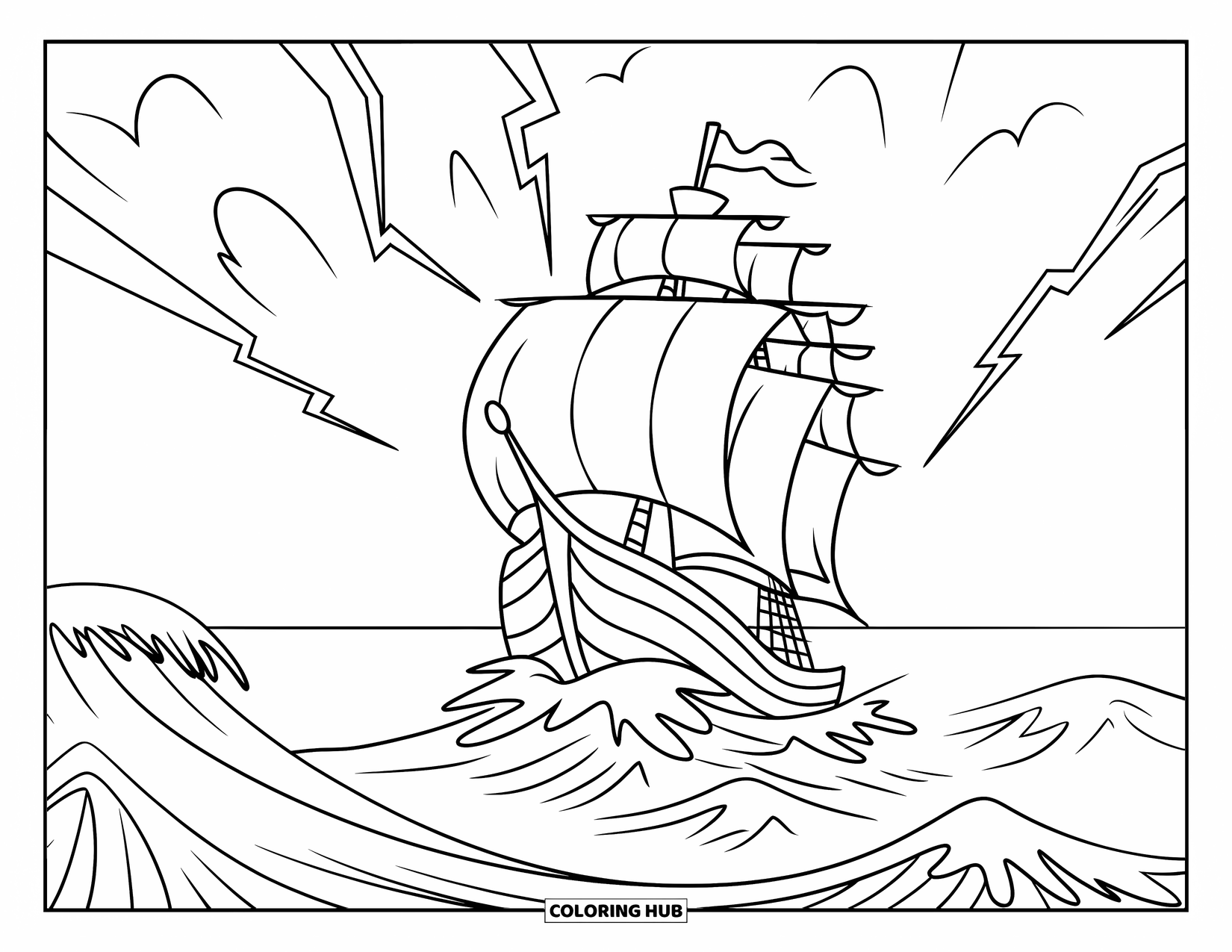 Ship Coloring Page for Kids: A sailing ship rocks in stormy seas under a lightning-filled sky