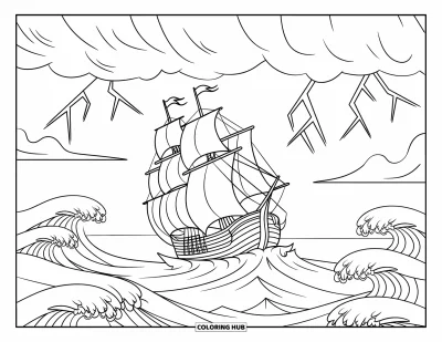 Schiff-Ausmalbild für Kinder: Ein Schiff kämpft gegen die Wellen, während Blitze den dunklen Himmel durchzucken
