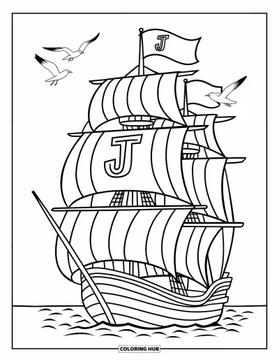 Schiff-Ausmalbild für Kinder: Ein Schiff mit Flaggen und Segeln treibt durchs Meer, begleitet von Möwen