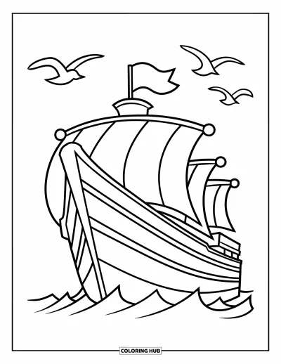 Schiff-Ausmalbild für Kinder: Ein Schiff mit Flaggen segelt, während Möwen in der Nähe fliegen