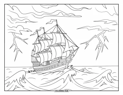 Schiff-Ausmalbild für Kinder: Ein Schiff mit hohen Segeln kämpft in einem stürmischen Ozean