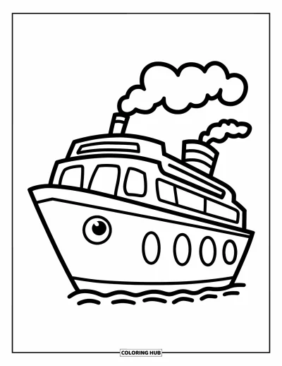 Schiff-Ausmalbild für Kinder: Ein einfaches Kreuzfahrtschiff mit großen Fenstern fährt, während Rauch aus dem Schornstein steigt