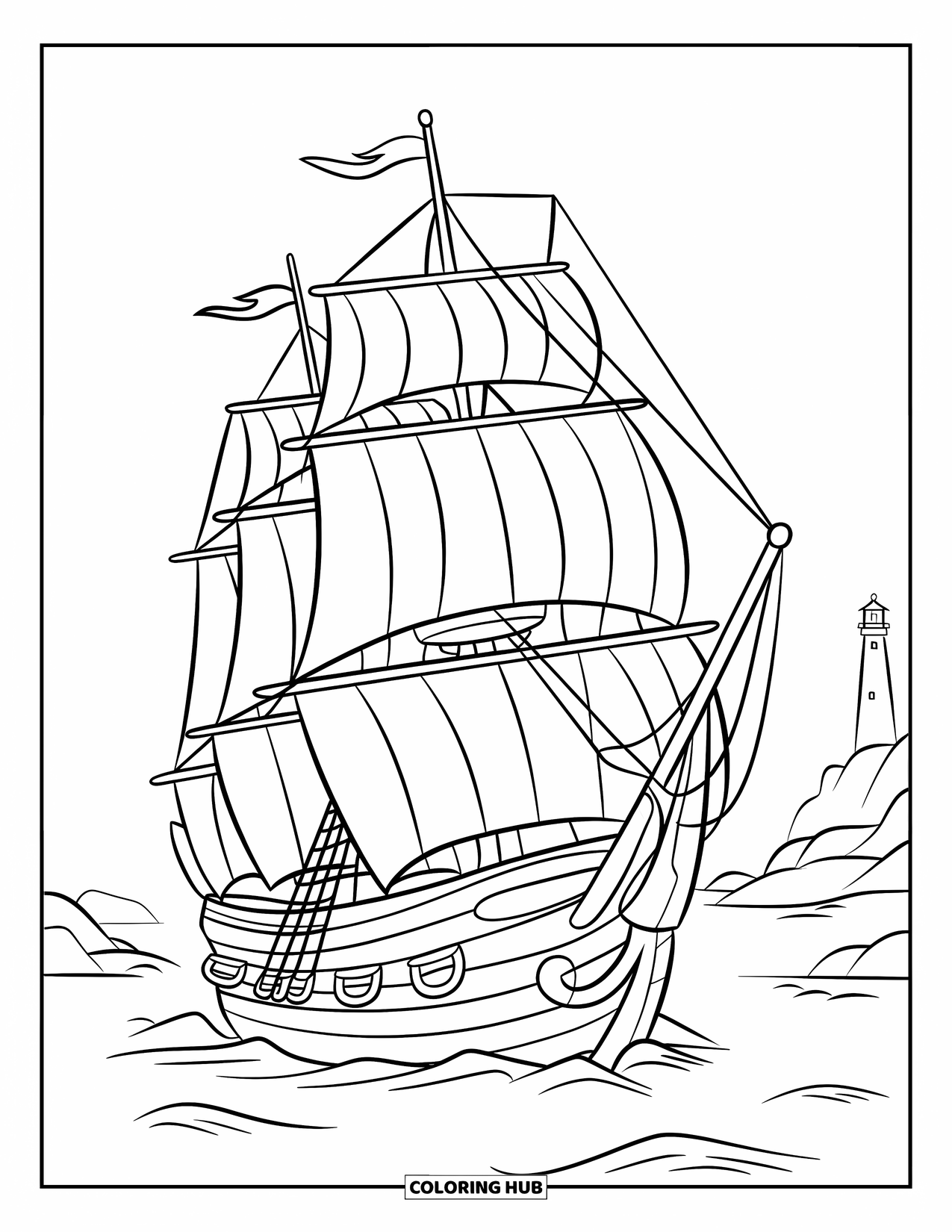 Ship Coloring Page for Kids: A tall ship with sails and a crow's nest sails past a lighthouse