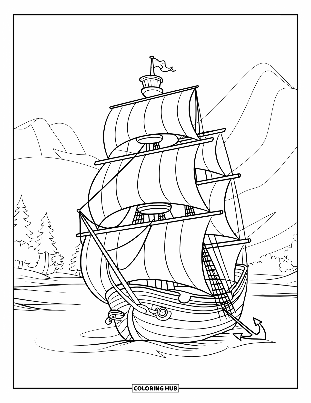 Ship Coloring Page for Kids: A tall ship with sails drifts calmly past mountains and trees