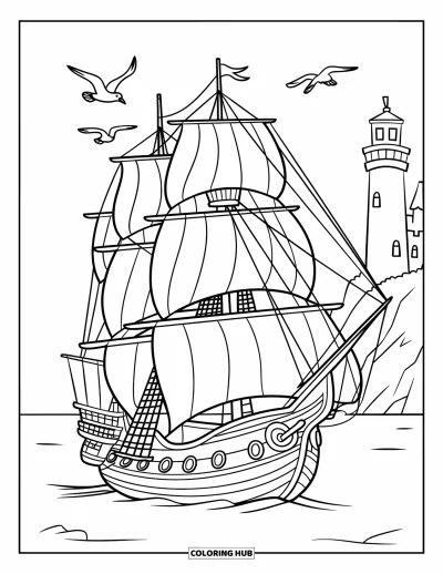 Schiff-Ausmalbild für Kinder: Ein Großsegler mit Segeln passiert einen Leuchtturm und eine Burgfelsen-Küste