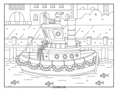 Schiff-Ausmalbild für Kinder: Ein Schleppboot legt an einem Pier an, während verspielte Fische in der Nähe schwimmen