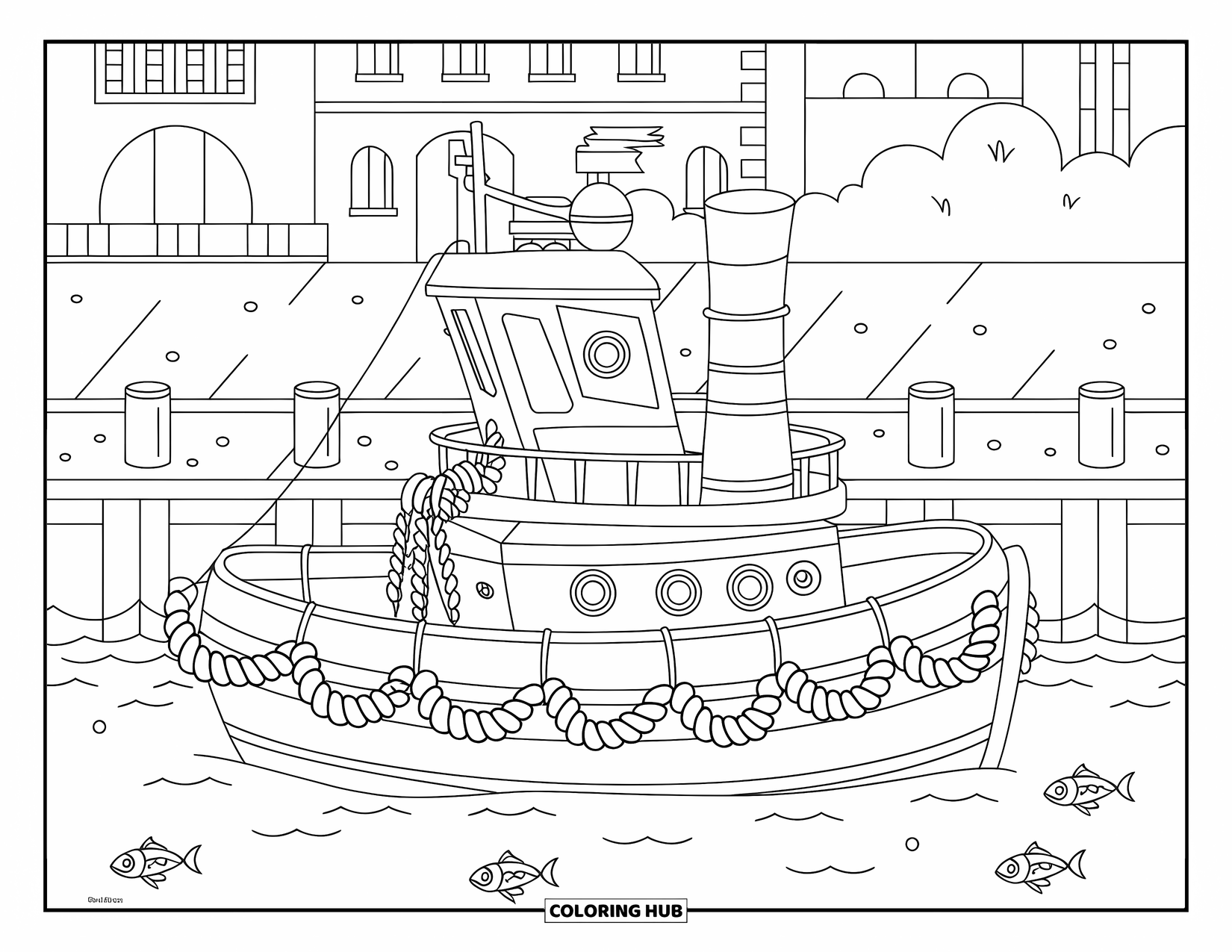 Ship Coloring Page for Kids: A tugboat docks at a pier while playful fish swim nearby