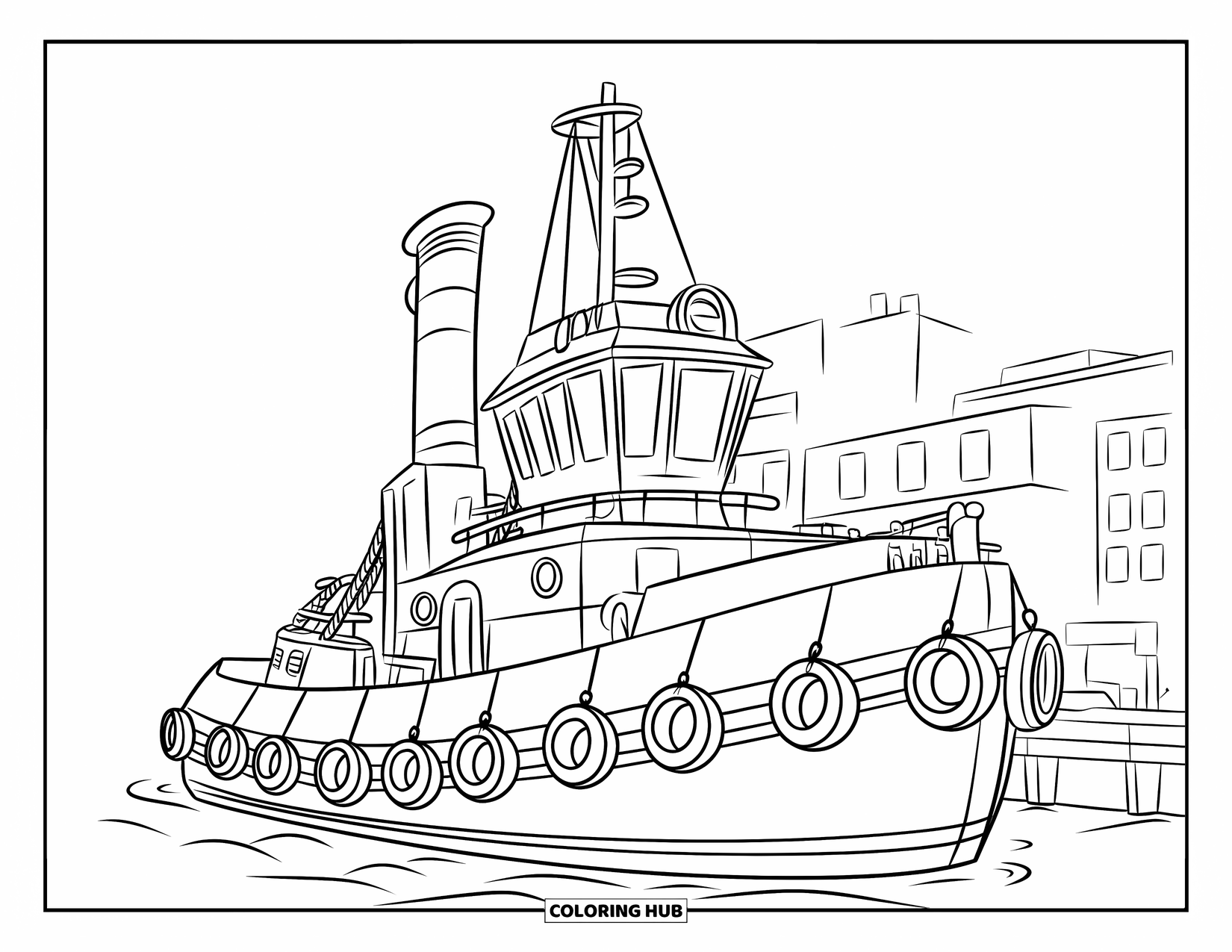 Ship Coloring Page for Kids: A tugboat with a tall chimney docks near buildings at the pier