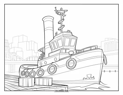 Schiff-Ausmalbild für Kinder: Ein Schleppboot mit Seilen liegt neben Kisten und einer Brücke in der Stadt