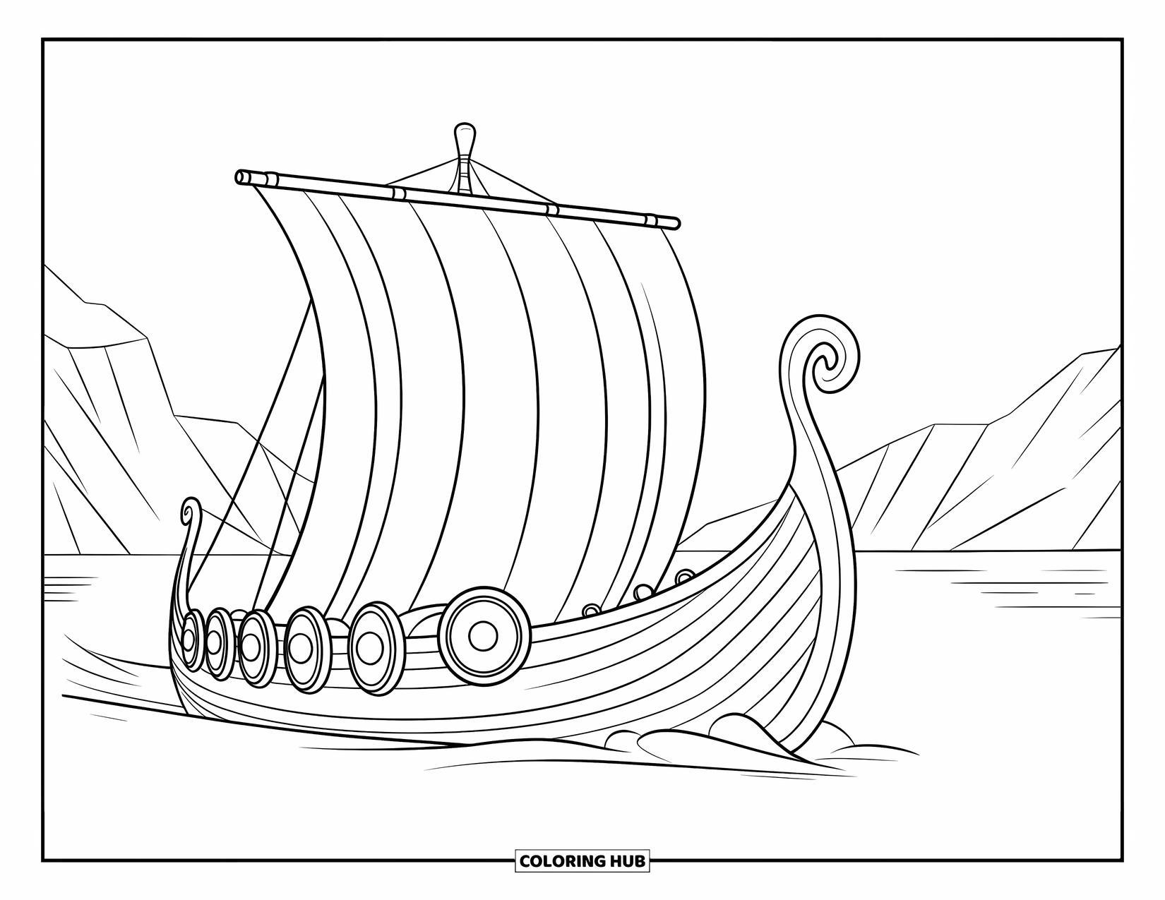 Ship Coloring Page for Kids: A Viking longship rows toward a distant fjord with shields on its sides
