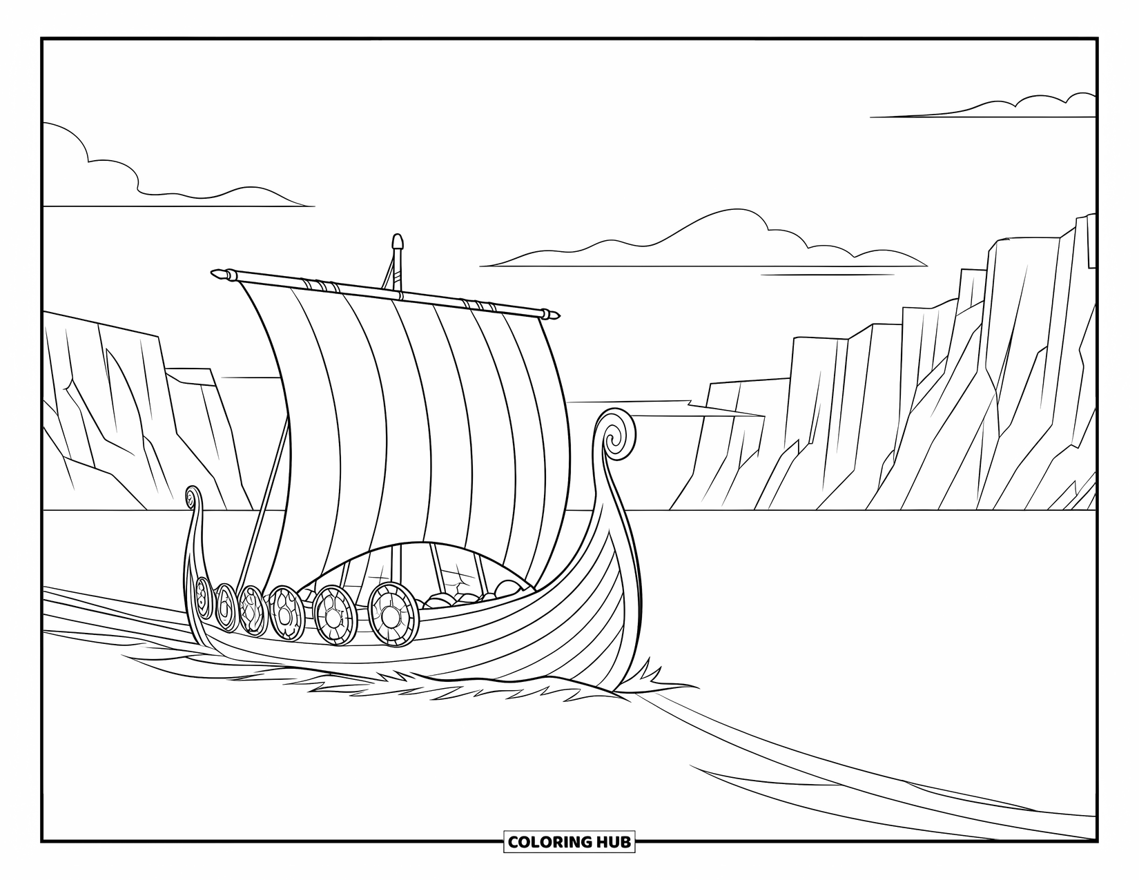 Ship Coloring Page for Kids: A Viking ship sails through calm waters toward a majestic fjord