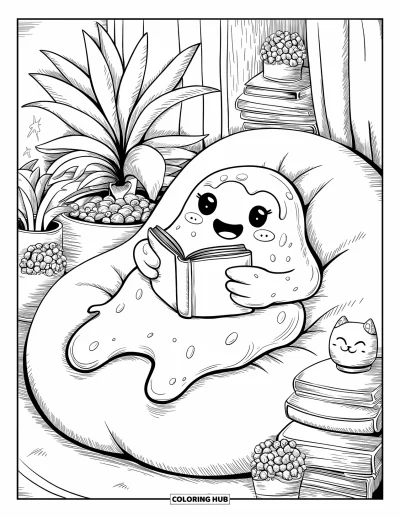 Coloriage de slime pour adultes : Un slime souriant se repose dans un coin cosy avec un livre et une décoration chaleureuse