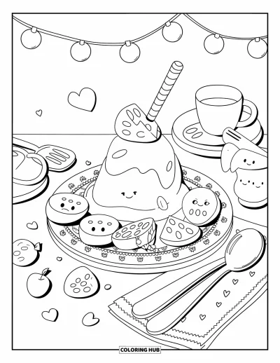 Coloriage de slime pour adultes : Un adorable dessert slime servi avec des fruits et de petits couverts souriants