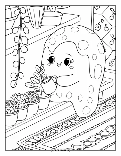 Coloriage de slime pour adultes : Un slime tout doux arrose une petite plante sur une étagère intérieure bien aménagée