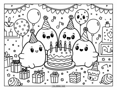 Coloriage de slime pour adultes : Un groupe de slimes se réunit pour un anniversaire avec des ballons et un gâteau