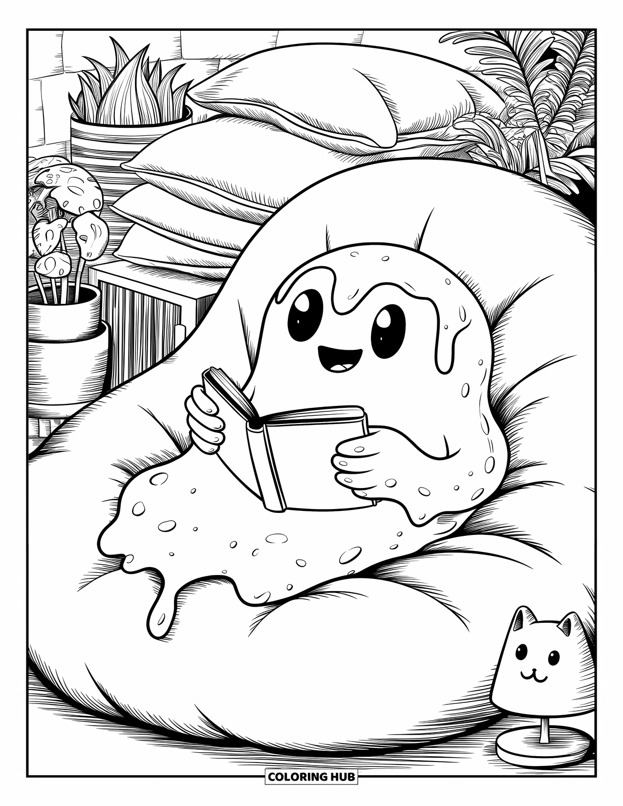 Slime Coloring Page for Adults: A happy slime relaxes on a beanbag chair surrounded by plants and a cat lamp