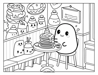 Coloriage de slime pour adultes : Un slime attablé dans un café entouré de pots de sucre et de décorations murales fantaisistes