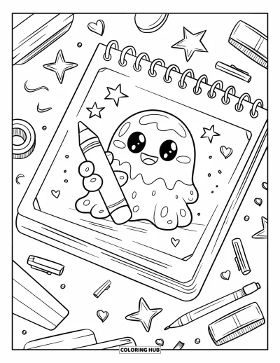 Coloriage de slime pour adultes : Un slime dessine des formes amusantes entouré de stylos, de rubans adhésifs et de gommes