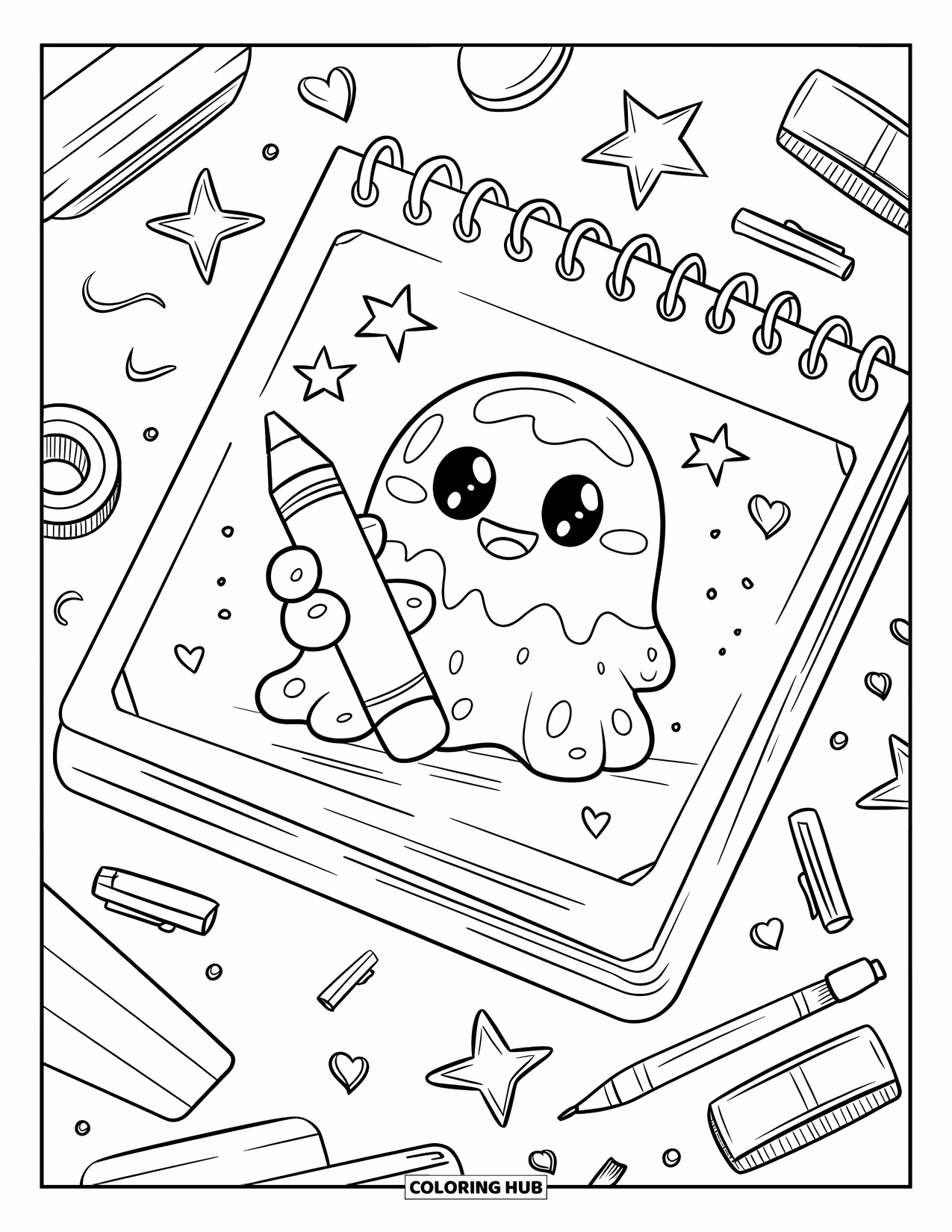 Slime Coloring Page for Adults: A slime draws playful shapes surrounded by pens, tapes, and erasers
