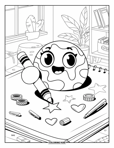 Coloriage de slime pour adultes : Un slime dessine des étoiles et des cœurs sur un grand carnet de croquis entouré de fournitures artistiques éparpillées