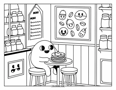 Coloriage de slime pour adultes : Un slime déguste des pancakes dans un café à l'ambiance chaleureuse