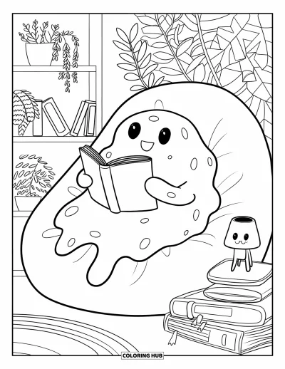 Coloriage de slime pour adultes : Un slime lit sur un pouf avec des coussins empilés et de petites plantes d'intérieur
