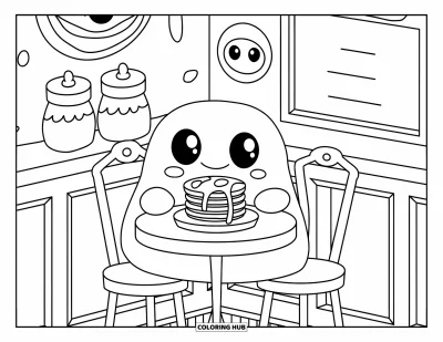 Coloriage de slime pour adultes : Un slime attablé dans un café avec des pancakes et de jolis dessins muraux
