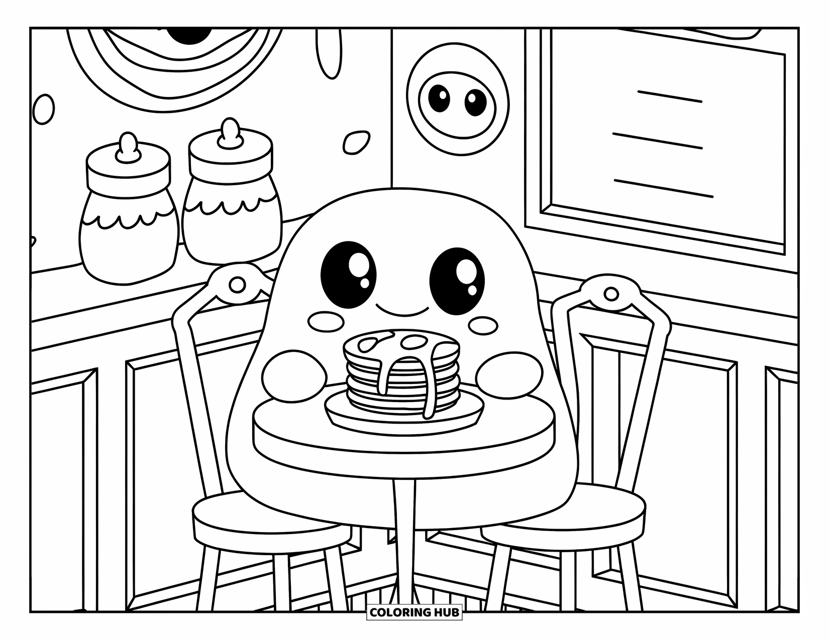 Slime Coloring Page for Adults: A slime sits at a café table with pancakes and cute wall art
