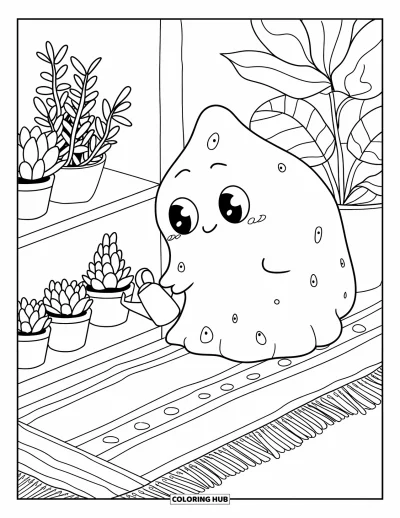 Coloriage de slime pour adultes : Un slime arrose une petite plante à côté de mini-succulentes sur un tapis douillet