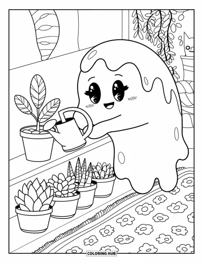 Coloriage de slime pour adultes : Un slime arrose une petite plante avec d'autres succulentes alignées à côté