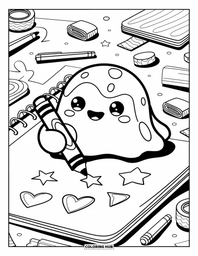 Coloriage de slime pour adultes : Un slime souriant croque des étoiles et des cœurs parmi des fournitures éparpillées