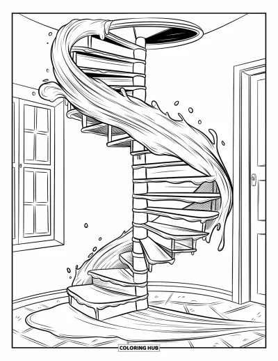 Coloriage de slime pour adultes : Un escalier en spirale se transforme en un tourbillon de slime