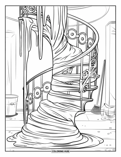 Coloriage de slime pour adultes : Un escalier en fer forgé se tord en un épais filet de slime