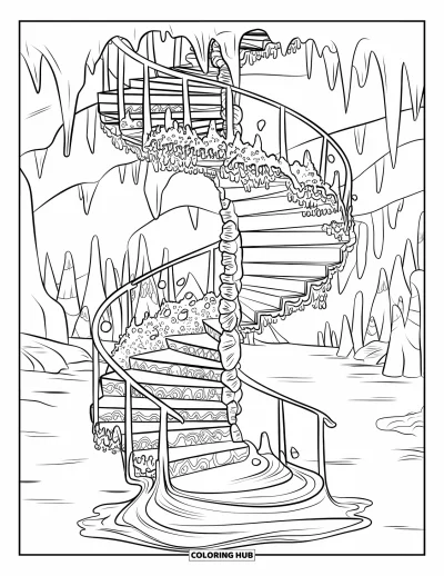 Coloriage de slime pour adultes : Un bel escalier se transforme en slime à l'intérieur d'une grotte