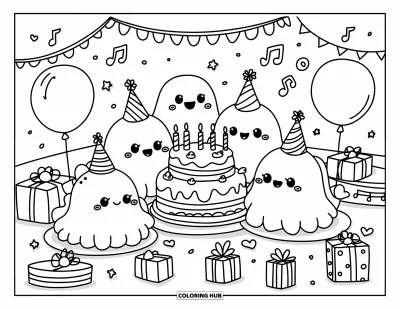 Coloriage de slime pour adultes : De mignons slimes fêtent un anniversaire avec des chapeaux de fête, des ballons et un gâteau dans une pièce chaleureuse