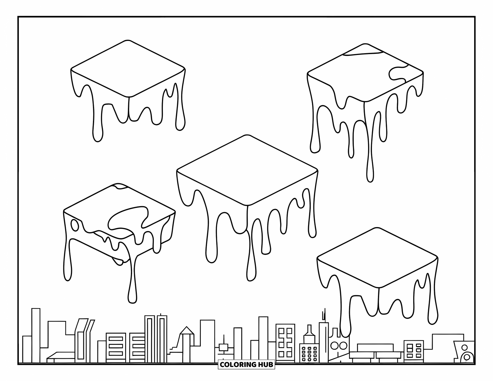 Slime Coloring Page for Adults: Floating cubes drip with slime above a city skyline