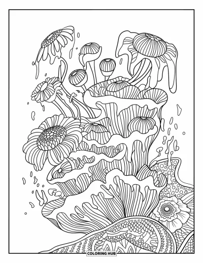 Coloriage de slime pour adultes : Des fleurs se dissolvent en glu avec des contours nets