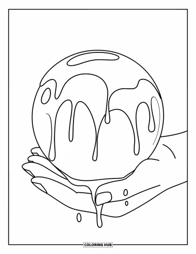 Coloriage de slime pour adultes : Une main berce une sphère de slime dégoulinante