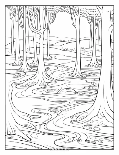 Coloriage de slime pour adultes : Des branches entrelacées suintent du slime dans une forêt brumeuse