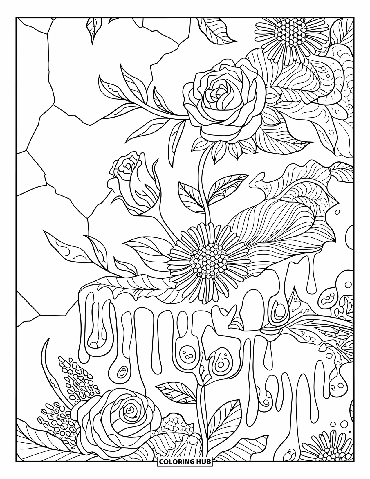 Slime Coloring Page for Adults: Intricate flowers melt into goo on a textured wall