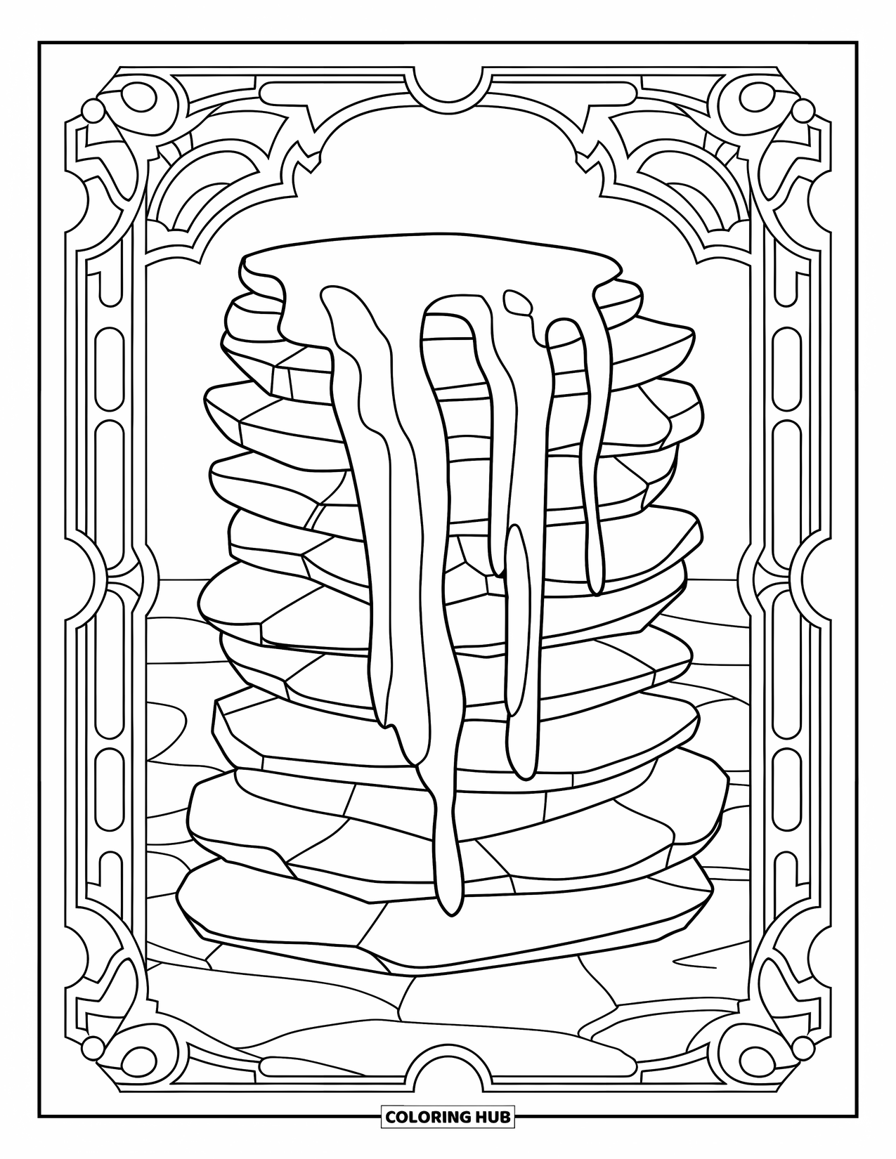 Slime Coloring Page for Adults: Layered slime flows over stacked stone carvings