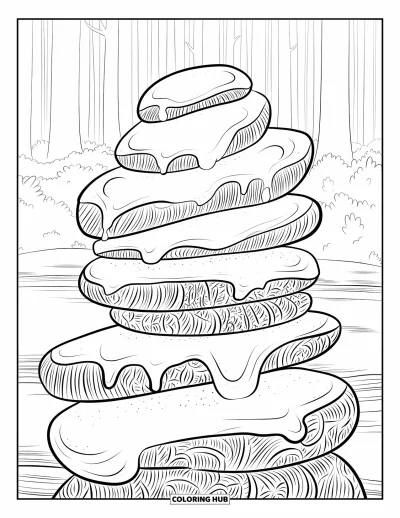 Coloriage de slime pour adultes : Du slime en cascade dévale des structures en pierre taillée dans une forêt